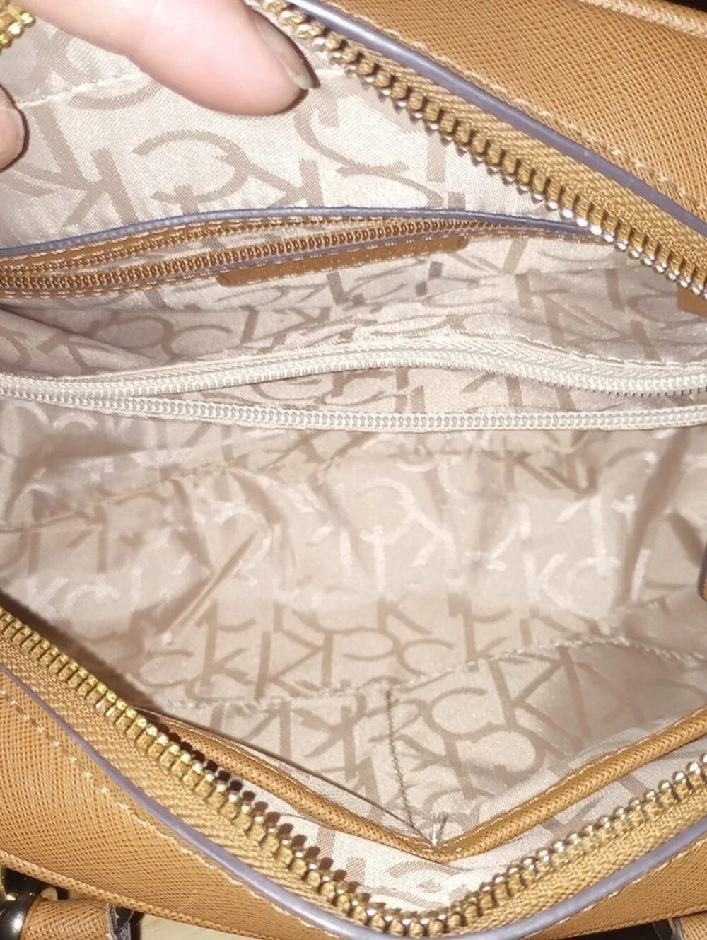 Calvin Klein Brown Monogram Satchel with Tan Trim and Gold Chain